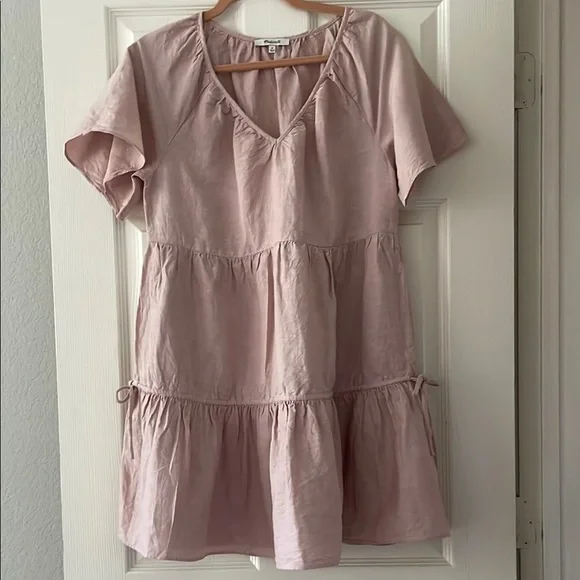 madewell pink linen dress Linen-Blend Eyelet-Sleeve Lucie Smocked Midi Dress